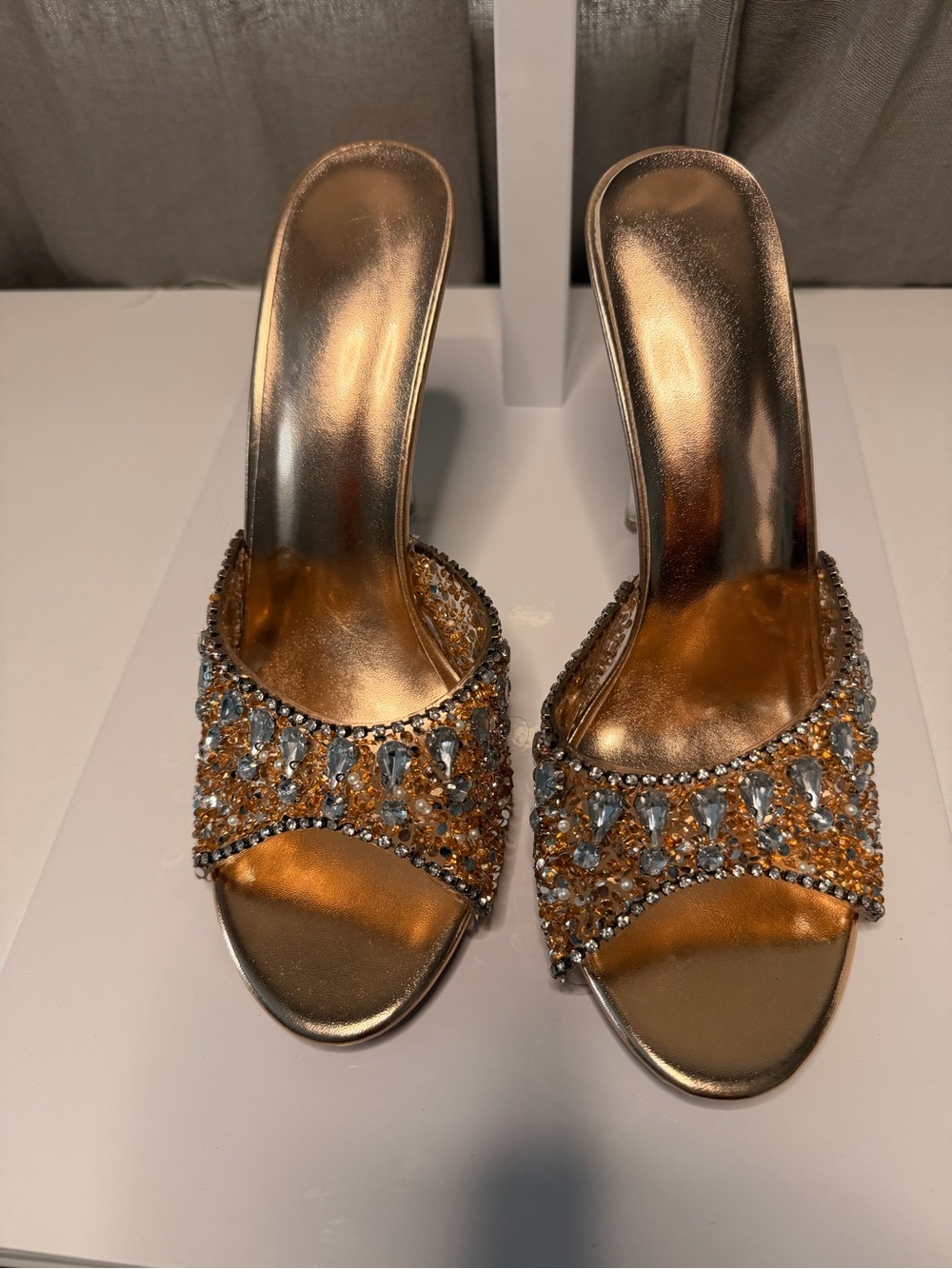 Embellished Metallic Gold Open-Toe Women's Heels